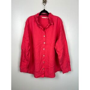 Soft Surroundings Linen Ruffle Collar Button‎ Up Shirt Top Plus 2X Pink Blouse